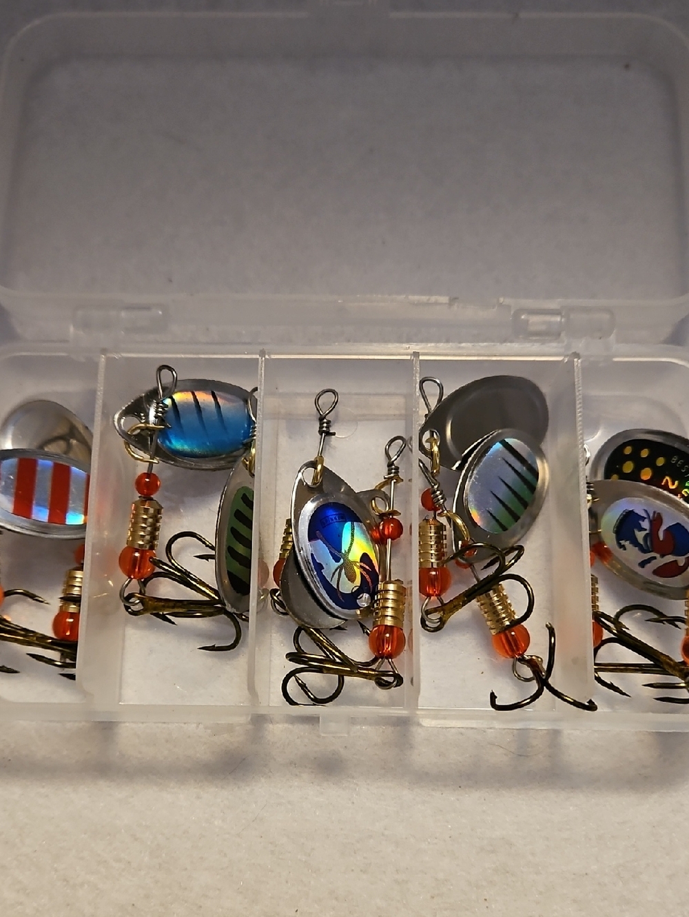 Assorted Holographic Fishing Spinner Lures - Blue/Silver/Orange Accents, New